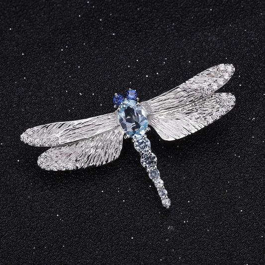 Handmade Design Dragonfly Natural Sky Blue Topaz Brooch 925 Sterling Sliver Fine Jewelry