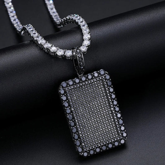 Black Moissanite Diamond Dog Tag Pendant Necklace 925 Sterling Silver Iced Out Bling Fine Jewelry